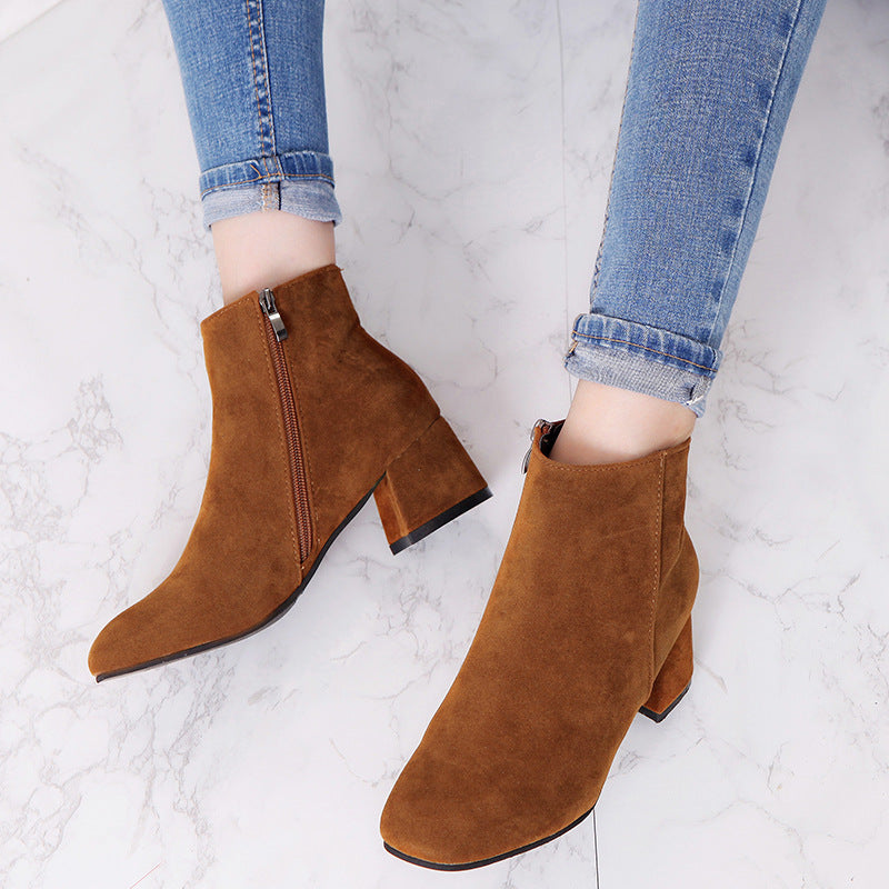 Comelyy Fashionable Pointed Toe Frosted Suede Chunky Heel Boots