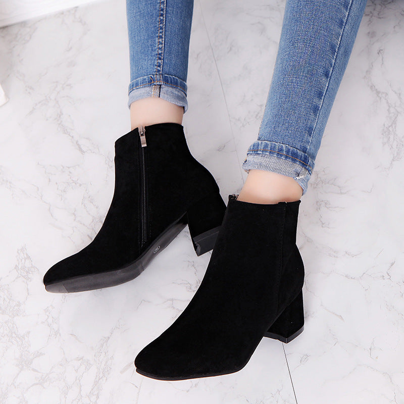 Comelyy Fashionable Pointed Toe Frosted Suede Chunky Heel Boots