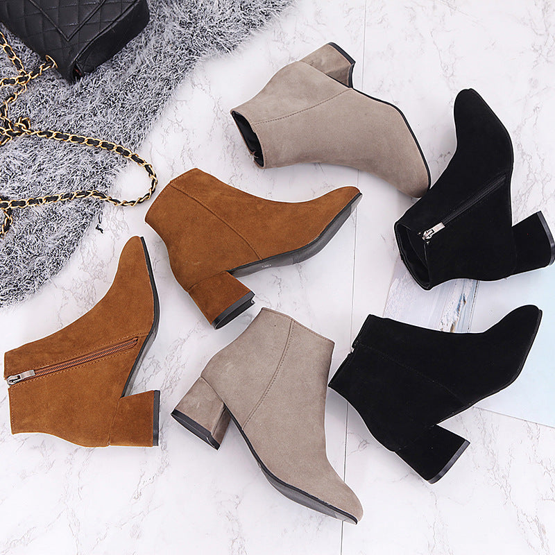 Comelyy Fashionable Pointed Toe Frosted Suede Chunky Heel Boots
