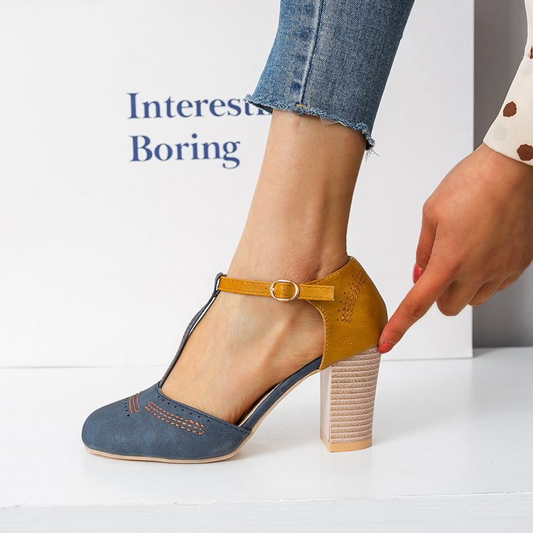 Comelyy Retro Round Toe Color Block T Buckle Womens Shoes