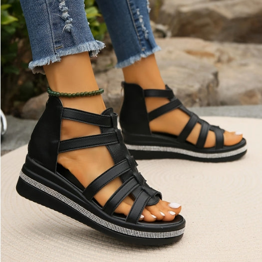 Comelyy Rhinestone Decor Stylish Open Toe Cut Out Wedge Sandals