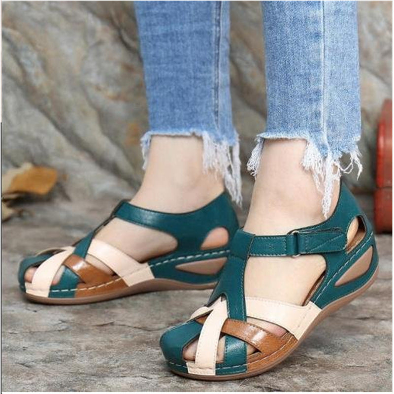 Comelyy Retro Round Toe Wedge Heel Cross Strap Womens Sandals