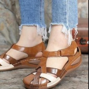 Comelyy Retro Round Toe Wedge Heel Cross Strap Womens Sandals