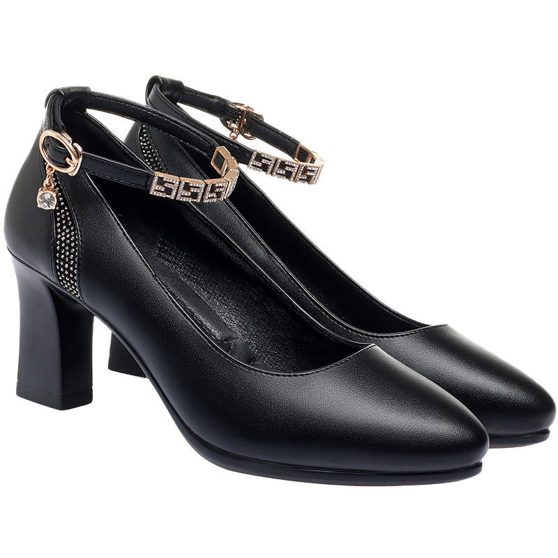 Comelyy One-button thick-heeled medium-heeled leather shoes with comfortable soft soles