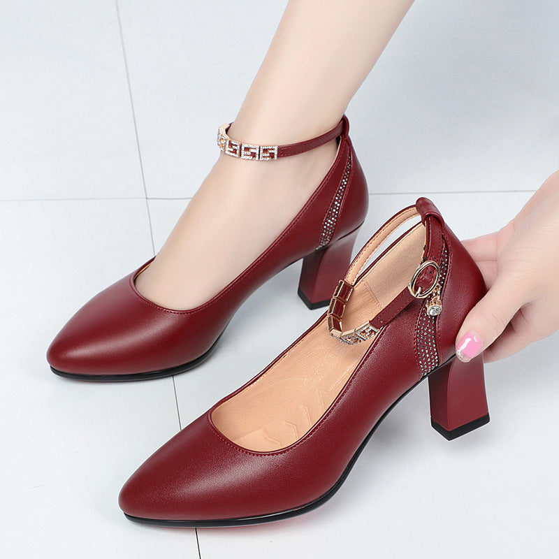 Comelyy One-button thick-heeled medium-heeled leather shoes with comfortable soft soles