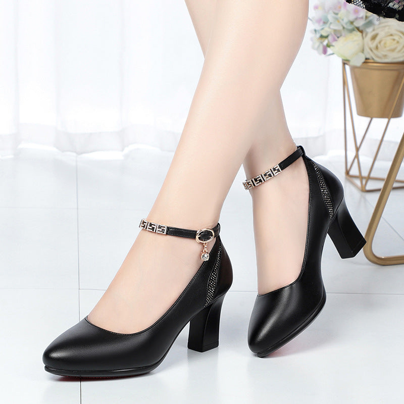 Comelyy One-button thick-heeled medium-heeled leather shoes with comfortable soft soles