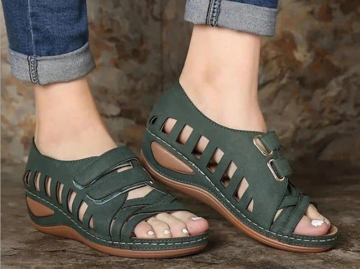 European And American Sandals 2023 New Wedge Heel Hollow Roman Fish Mouth Womens Sandals