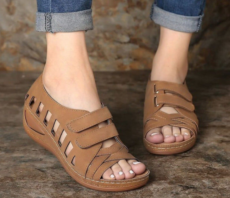 European And American Sandals 2023 New Wedge Heel Hollow Roman Fish Mouth Womens Sandals