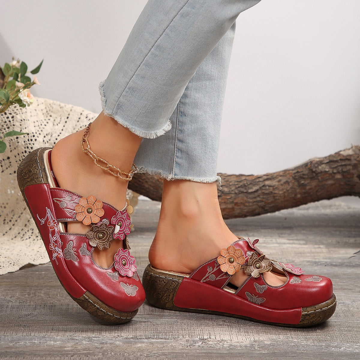 Comelyy Flower Print Wedge Slip On Sandals