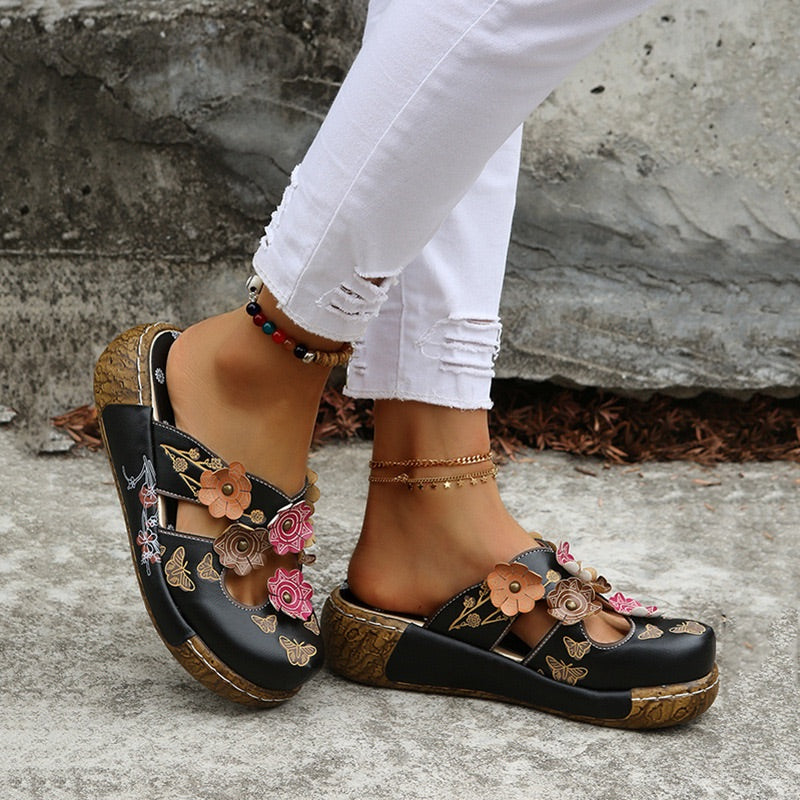Comelyy Flower Print Wedge Slip On Sandals
