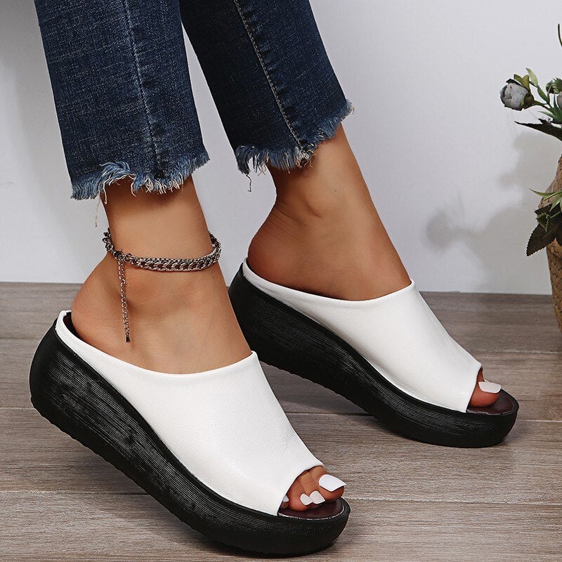 Ladies Leather Sole Slippers Women Sexy High Heel Mules Clogs Black Peep Toe Platform Mules Emal Slip On Sandals Shoes
