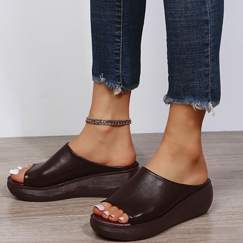 Ladies Leather Sole Slippers Women Sexy High Heel Mules Clogs Black Peep Toe Platform Mules Emal Slip On Sandals Shoes
