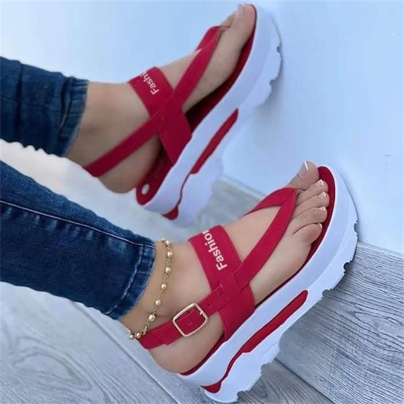 2022 New Summer Korean Version Small Fresh Ladies Clip Toe Thicksole Increase Solid Color Buckle Velcro Sandals Women