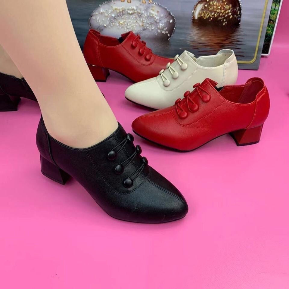 Pointed Mid Thick Heel Low Cut Fashionable Button Side Zipper Womens Shoes