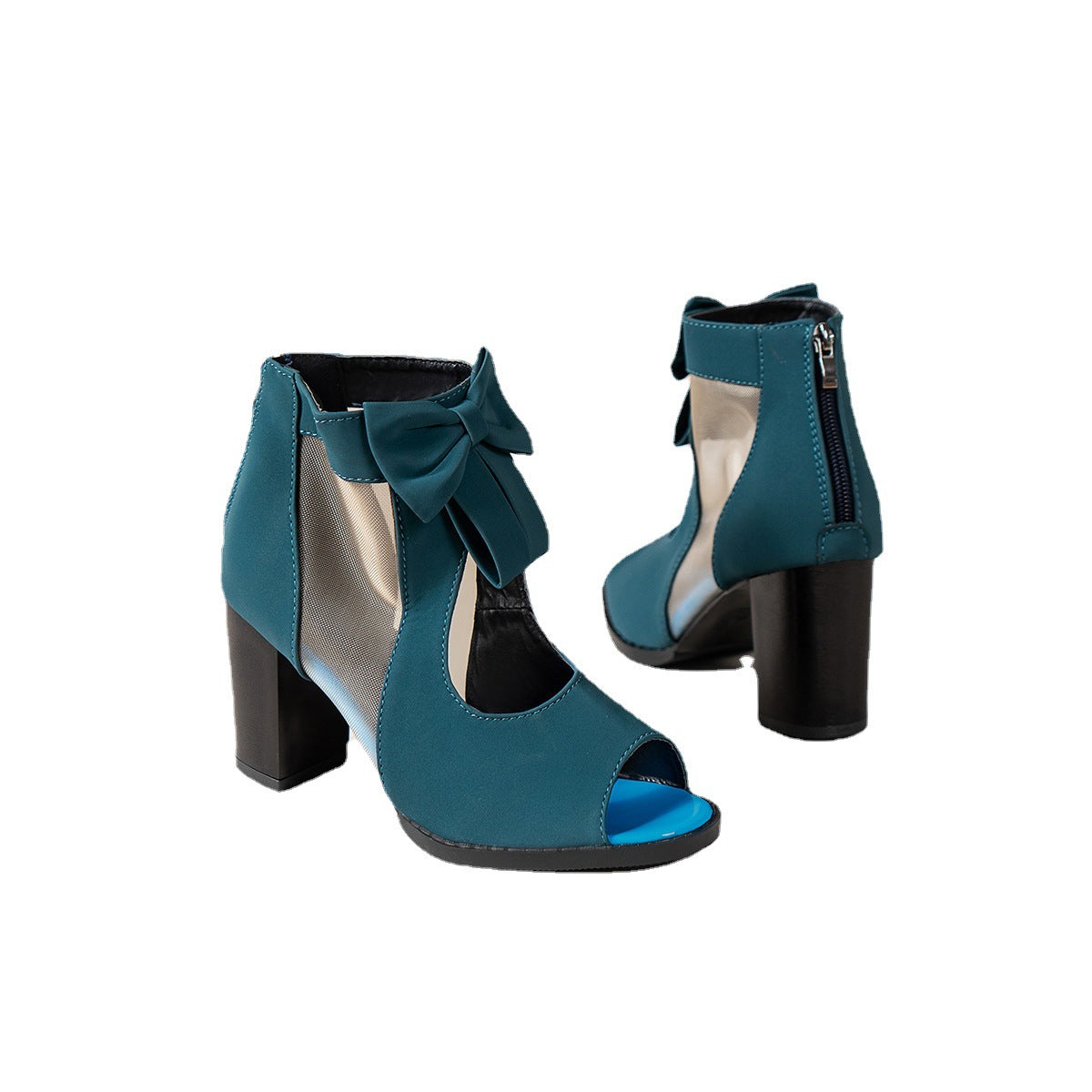 Comepyy Womens Round Toe Fish Mouth Thick Heel Mesh Bow Sandals