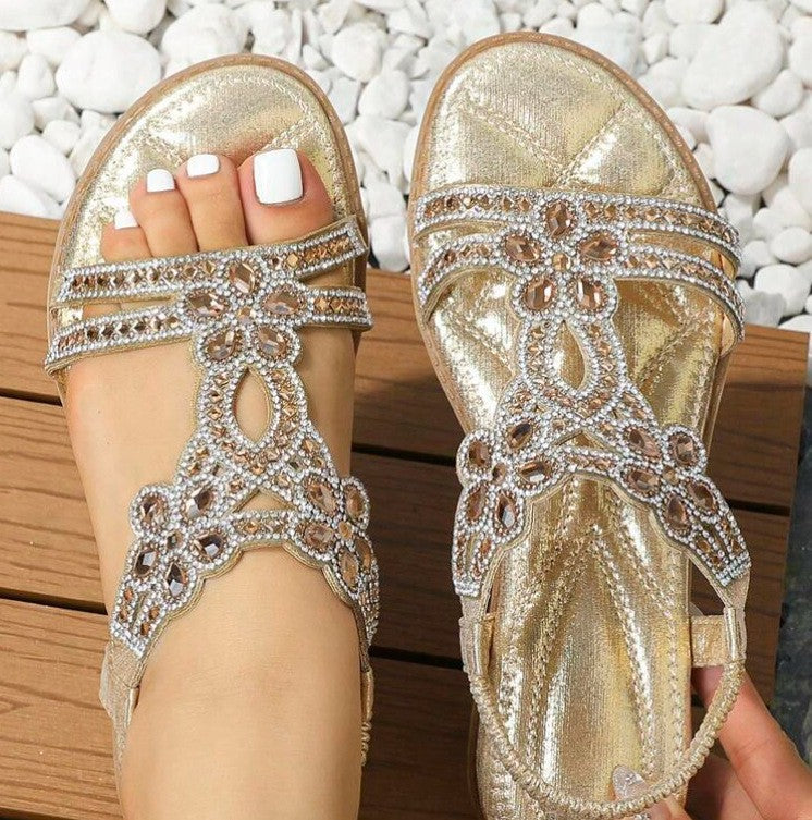Ielts Run Large Hollow Cross Border Flat Bottom Water Diamond Sandals Bohemian Comfortable Womens Shoes Summer