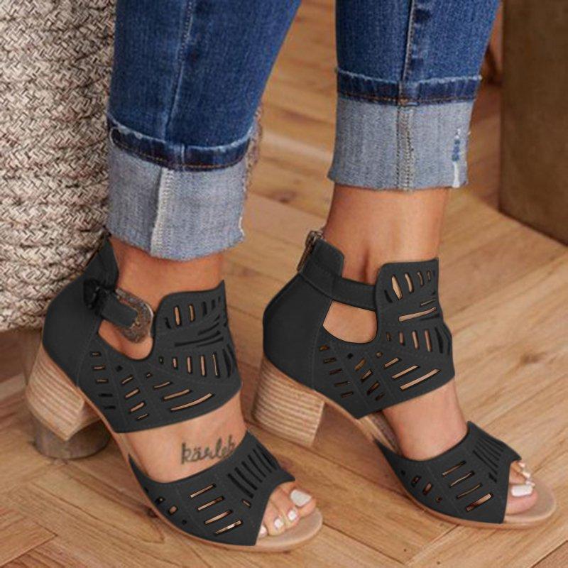 Comelyy Hollow Carved Block Heel Womens Sandals