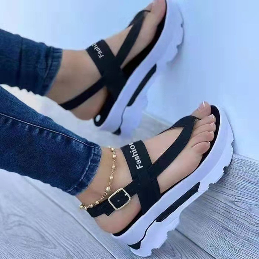2022 New Summer Korean Version Small Fresh Ladies Clip Toe Thicksole Increase Solid Color Buckle Velcro Sandals Women
