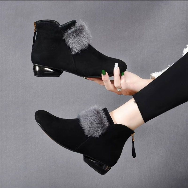 Comelyy Soft Leather Nubuck Short Boots With Round Toe Medium Heel And Velvet Low Top