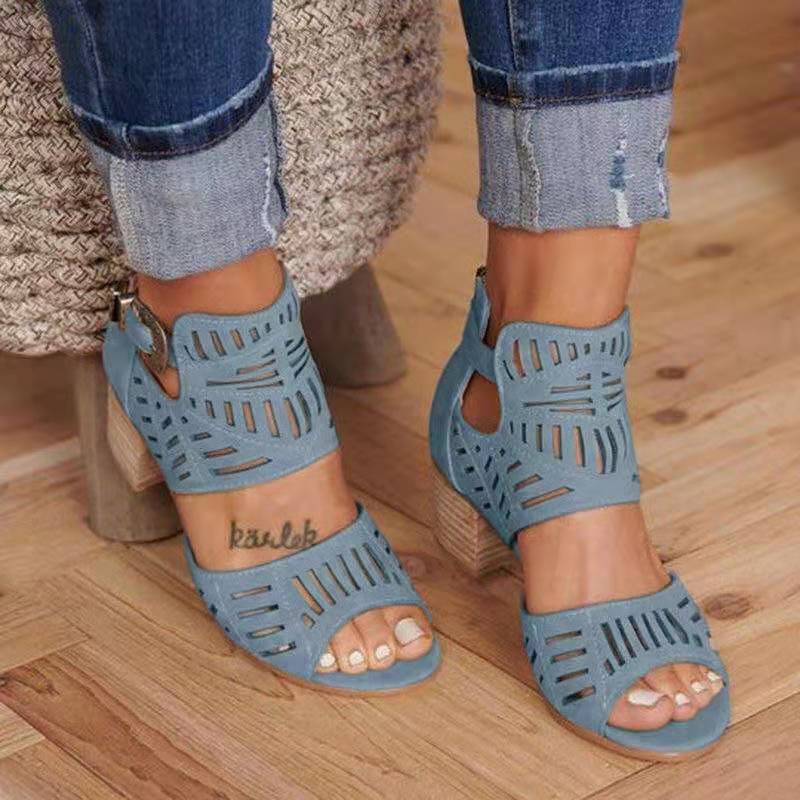 Comelyy Hollow Carved Block Heel Womens Sandals