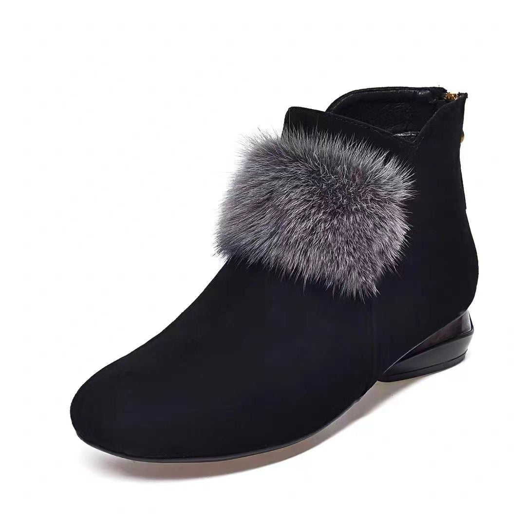 Comelyy Soft Leather Nubuck Short Boots With Round Toe Medium Heel And Velvet Low Top