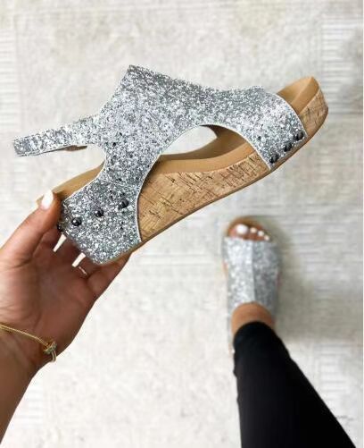 Comelyy Roman Sandals Sequin Flat Wedge Platform Sandals Ladies Sandals
