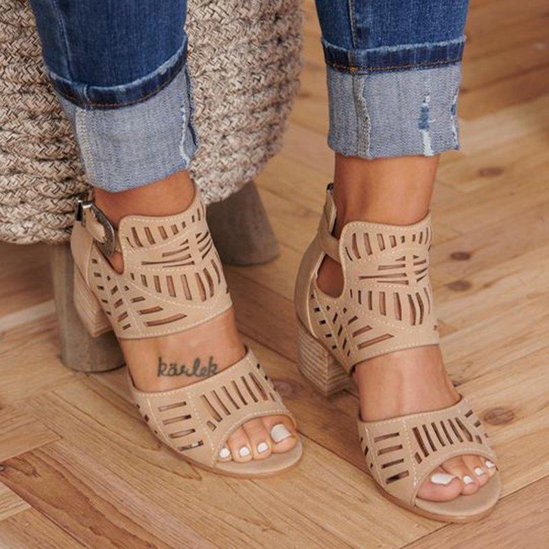 Comelyy Hollow Carved Block Heel Womens Sandals