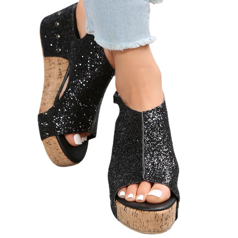 Comelyy Roman Sandals Sequin Flat Wedge Platform Sandals Ladies Sandals