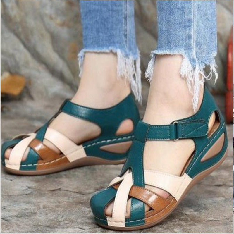 Comelyy Retro Round Toe Wedge Heel Cross Strap Womens Sandals