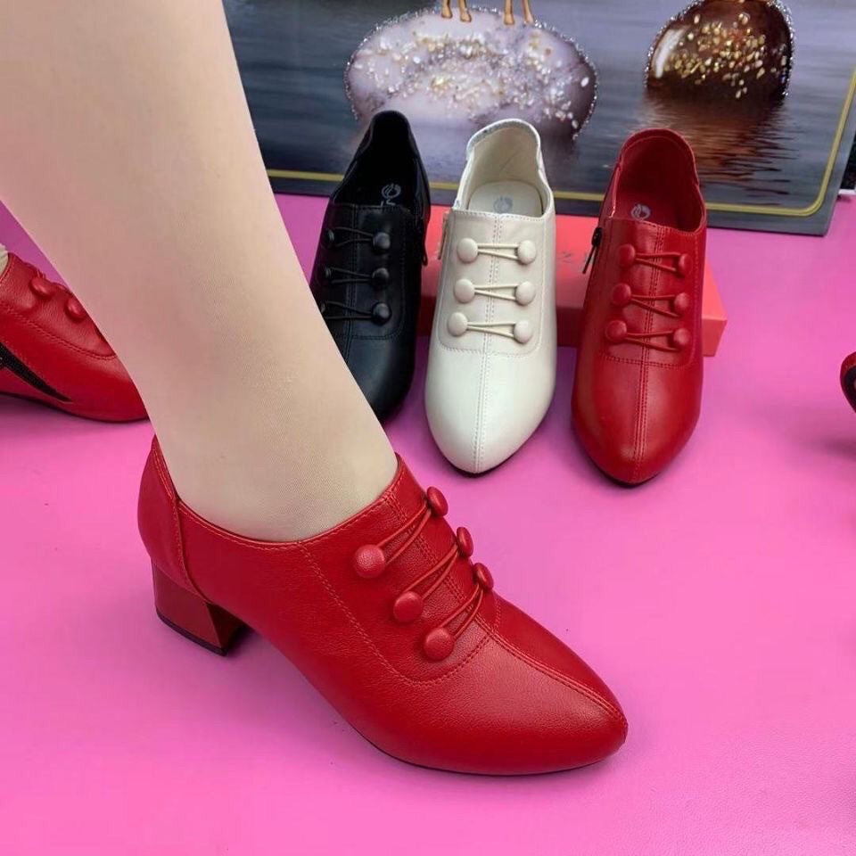 Pointed Mid Thick Heel Low Cut Fashionable Button Side Zipper Womens Shoes