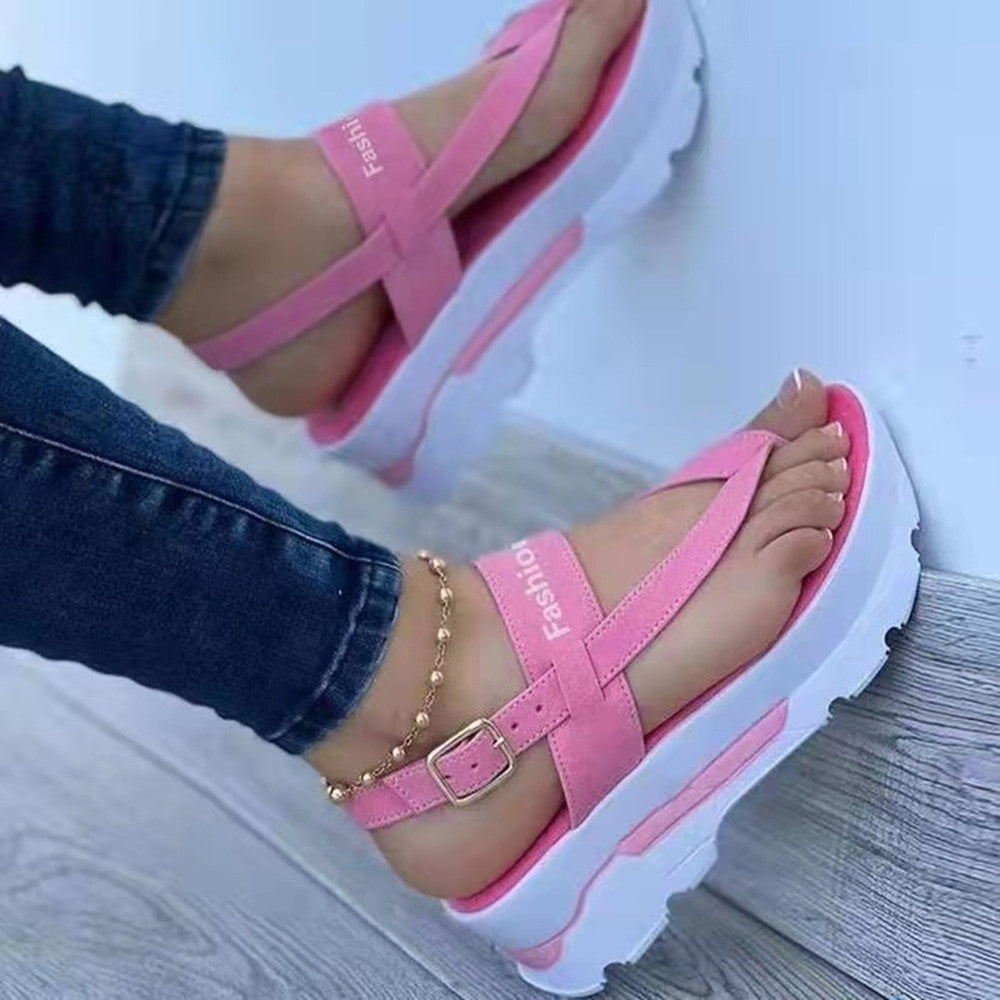 2022 New Summer Korean Version Small Fresh Ladies Clip Toe Thicksole Increase Solid Color Buckle Velcro Sandals Women