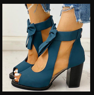 Comepyy Womens Round Toe Fish Mouth Thick Heel Mesh Bow Sandals