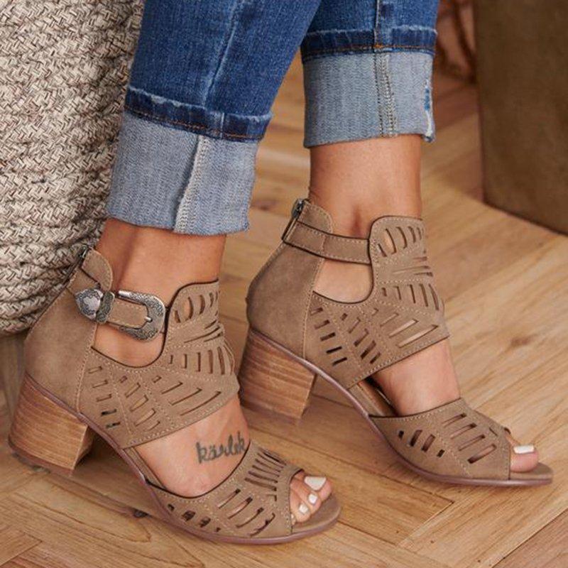 Comelyy Hollow Carved Block Heel Womens Sandals
