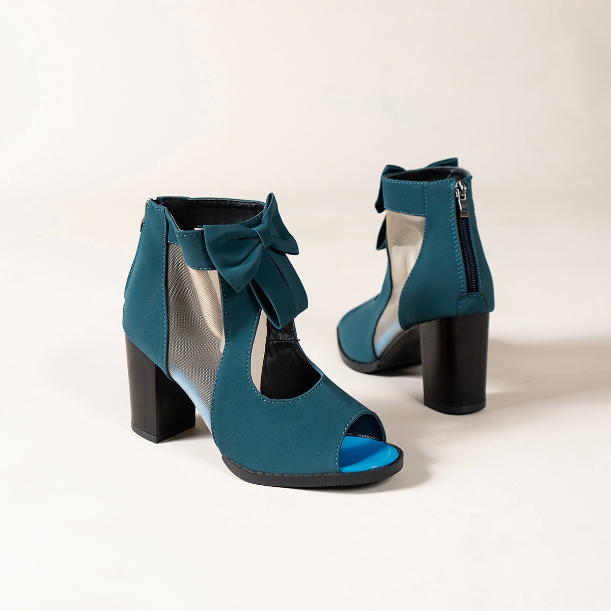 Comepyy Womens Round Toe Fish Mouth Thick Heel Mesh Bow Sandals