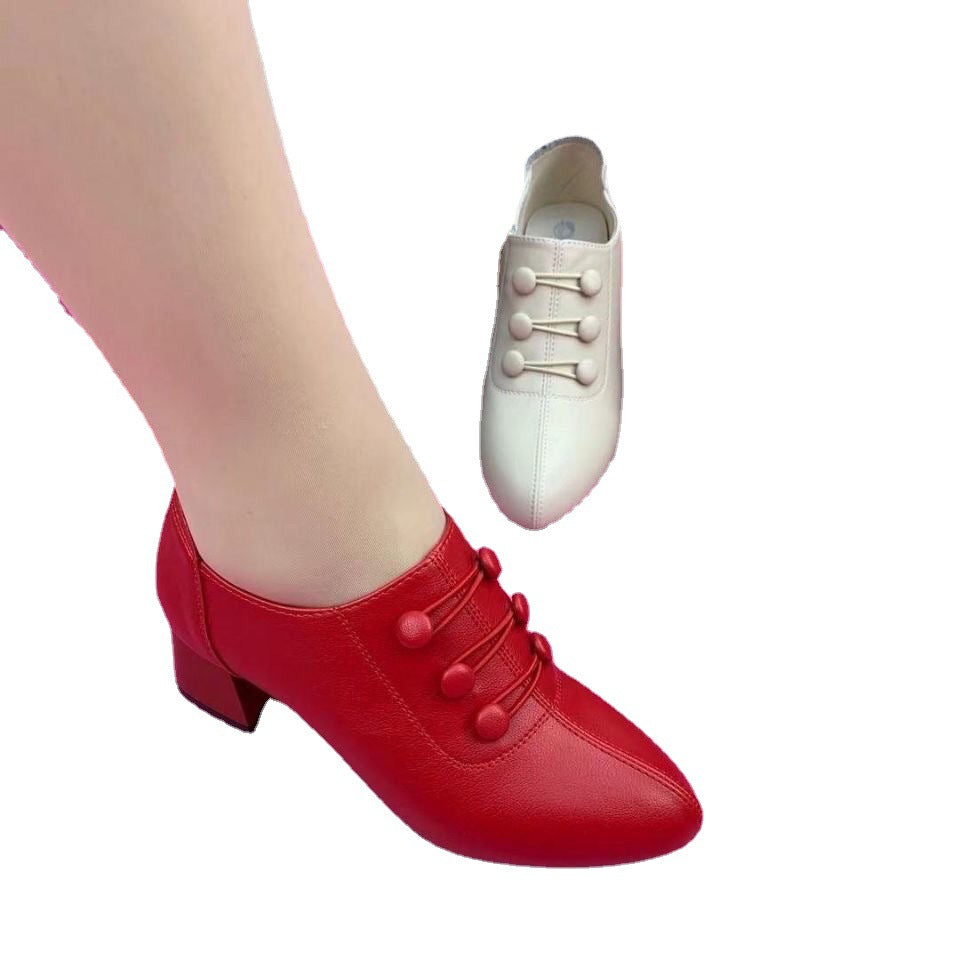 Pointed Mid Thick Heel Low Cut Fashionable Button Side Zipper Womens Shoes