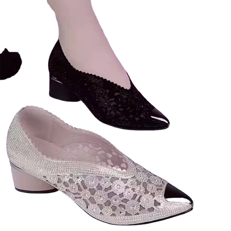 Comelyy Sandals Rhinestone Single Shoes Women Mesh Hollow Lace High Heeled Sandals