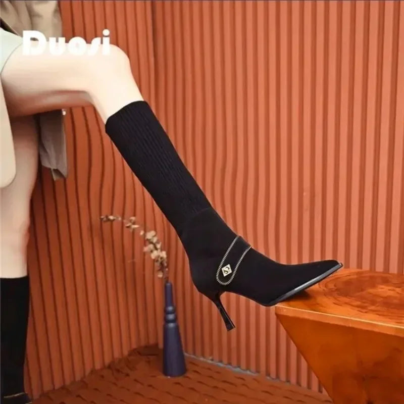 KnitGlam™ Long Pointed-Toe Stiletto Boots