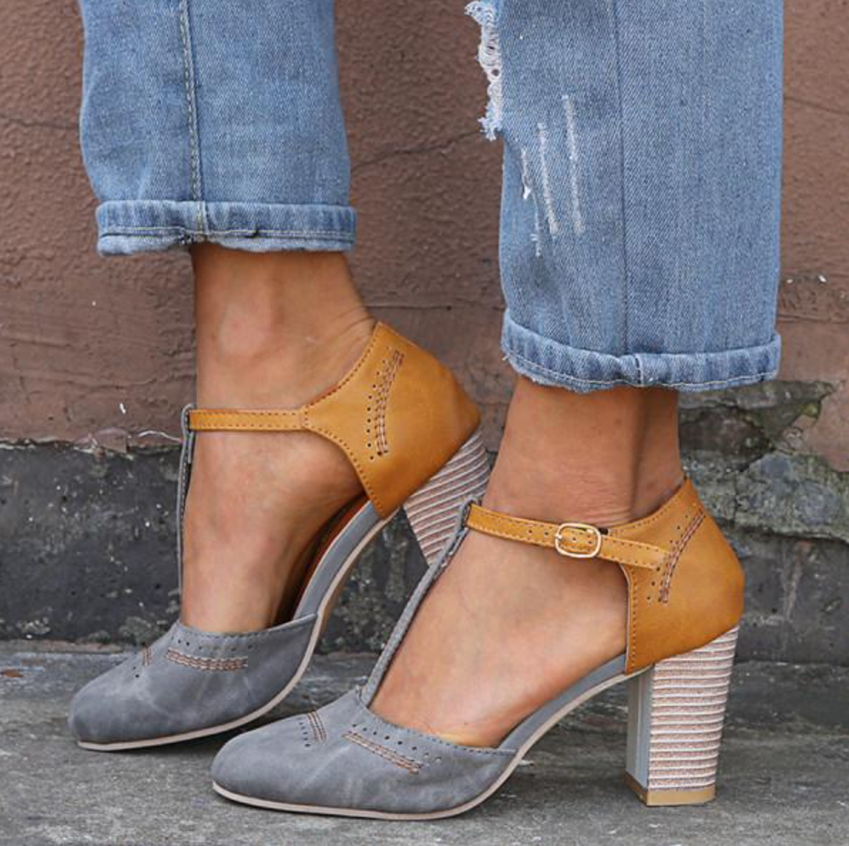 Comelyy Retro Round Toe Color Block T Buckle Womens Shoes