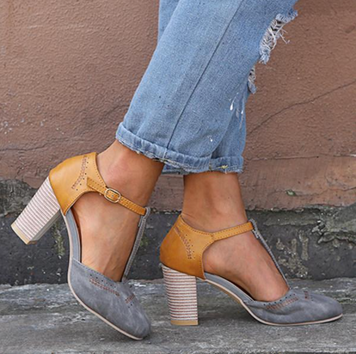 Comelyy Retro Round Toe Color Block T Buckle Womens Shoes