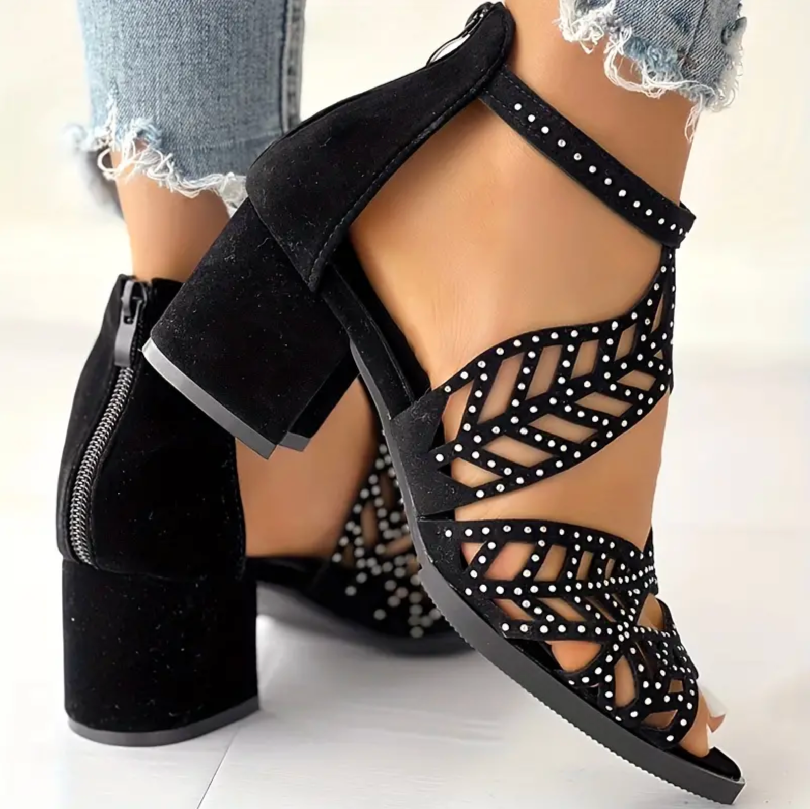 Comelyy Mesh Fish Mouth Shoes Thick High Heel Hollow Rhinestone Sandals