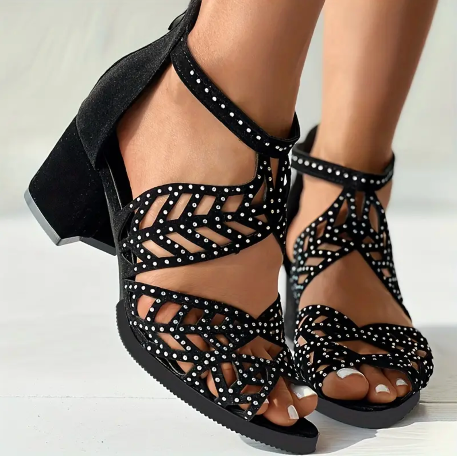 Comelyy Mesh Fish Mouth Shoes Thick High Heel Hollow Rhinestone Sandals