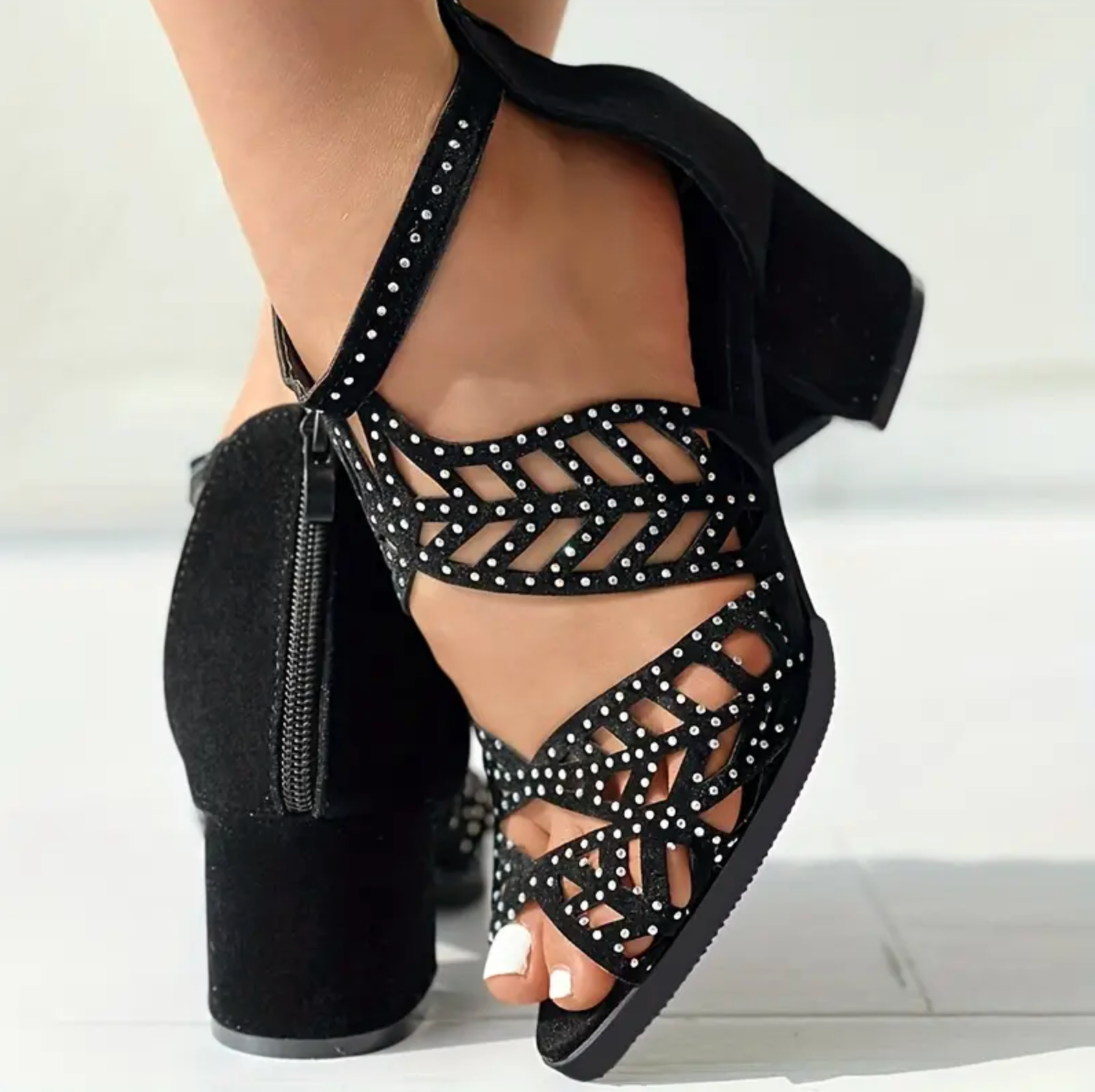Comelyy Mesh Fish Mouth Shoes Thick High Heel Hollow Rhinestone Sandals