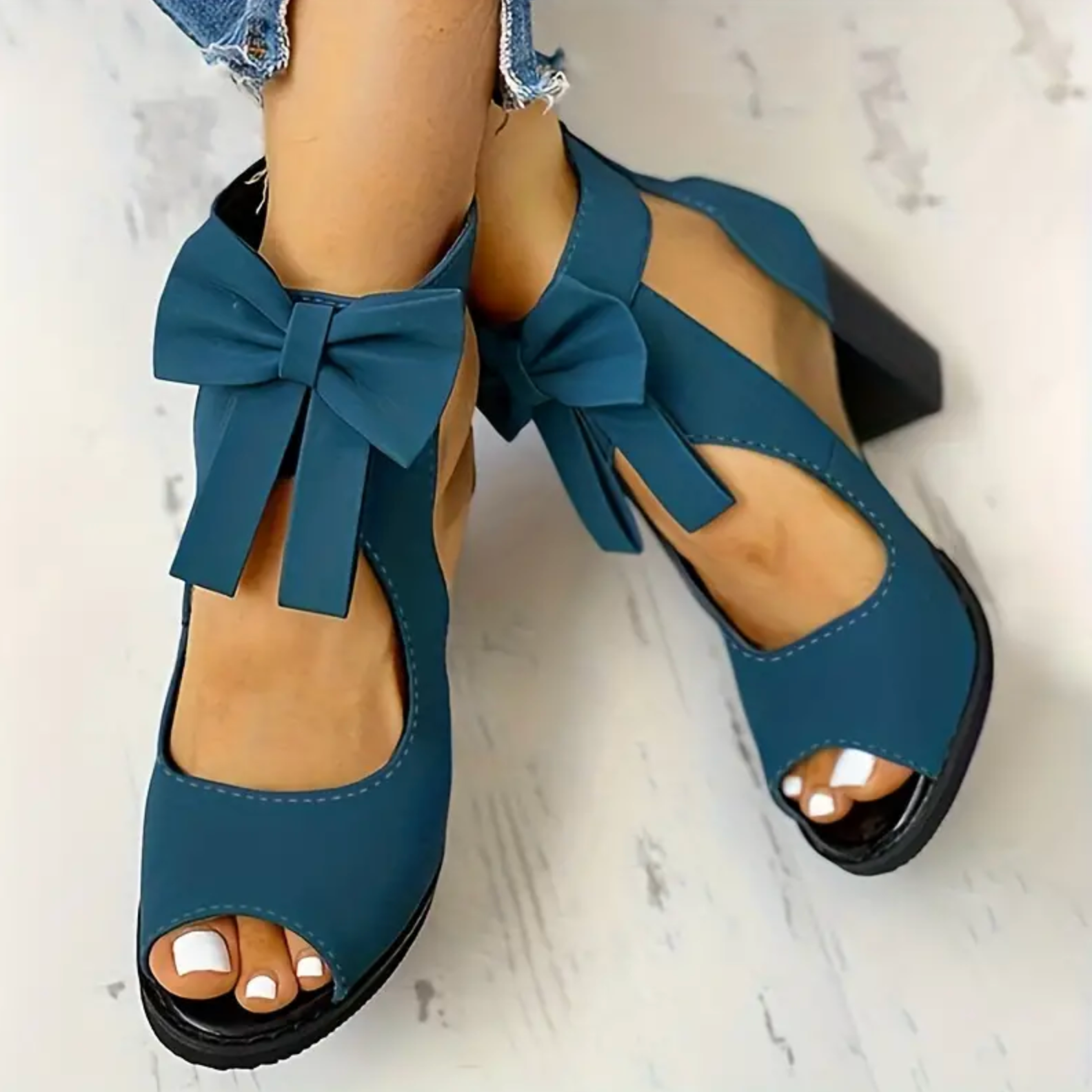 Comepyy Womens Round Toe Fish Mouth Thick Heel Mesh Bow Sandals