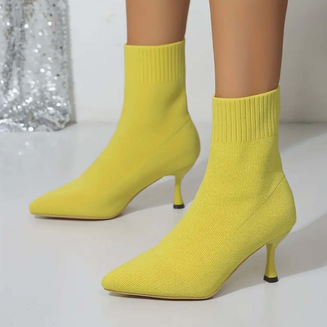 Comelyy Solid Color Knitted Slip On High Heeled Comfy Breathable Short Boots