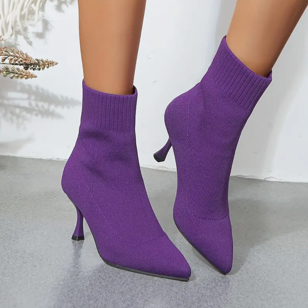 Comelyy Solid Color Knitted Slip On High Heeled Comfy Breathable Short Boots