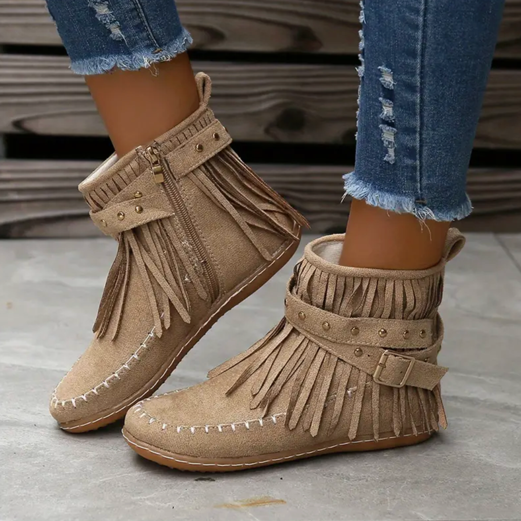 Comelyy Metal Beads Decor Side Zipper Tassel Decor Short Boots