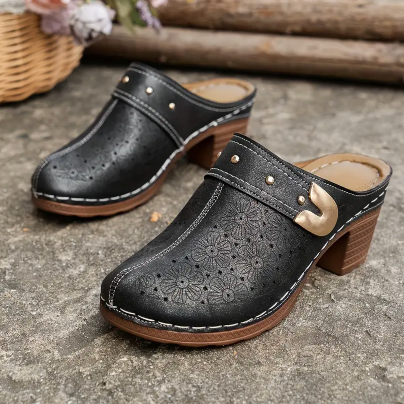 Comelyy Comfortable Stylish Floral Slip On Chunky Heel Shoes