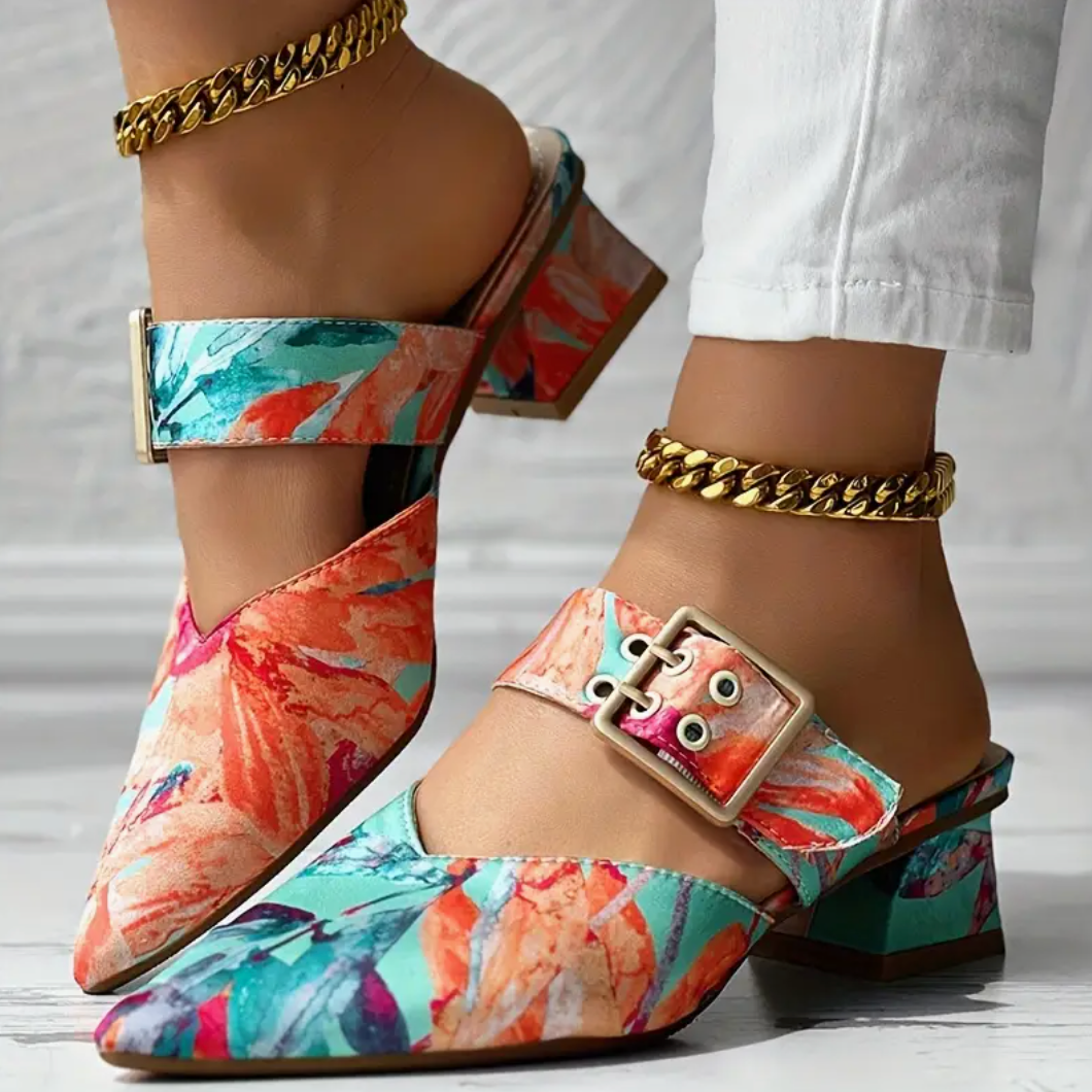 Comelyy Slip On Pointed Toe Mid Heel Sandals