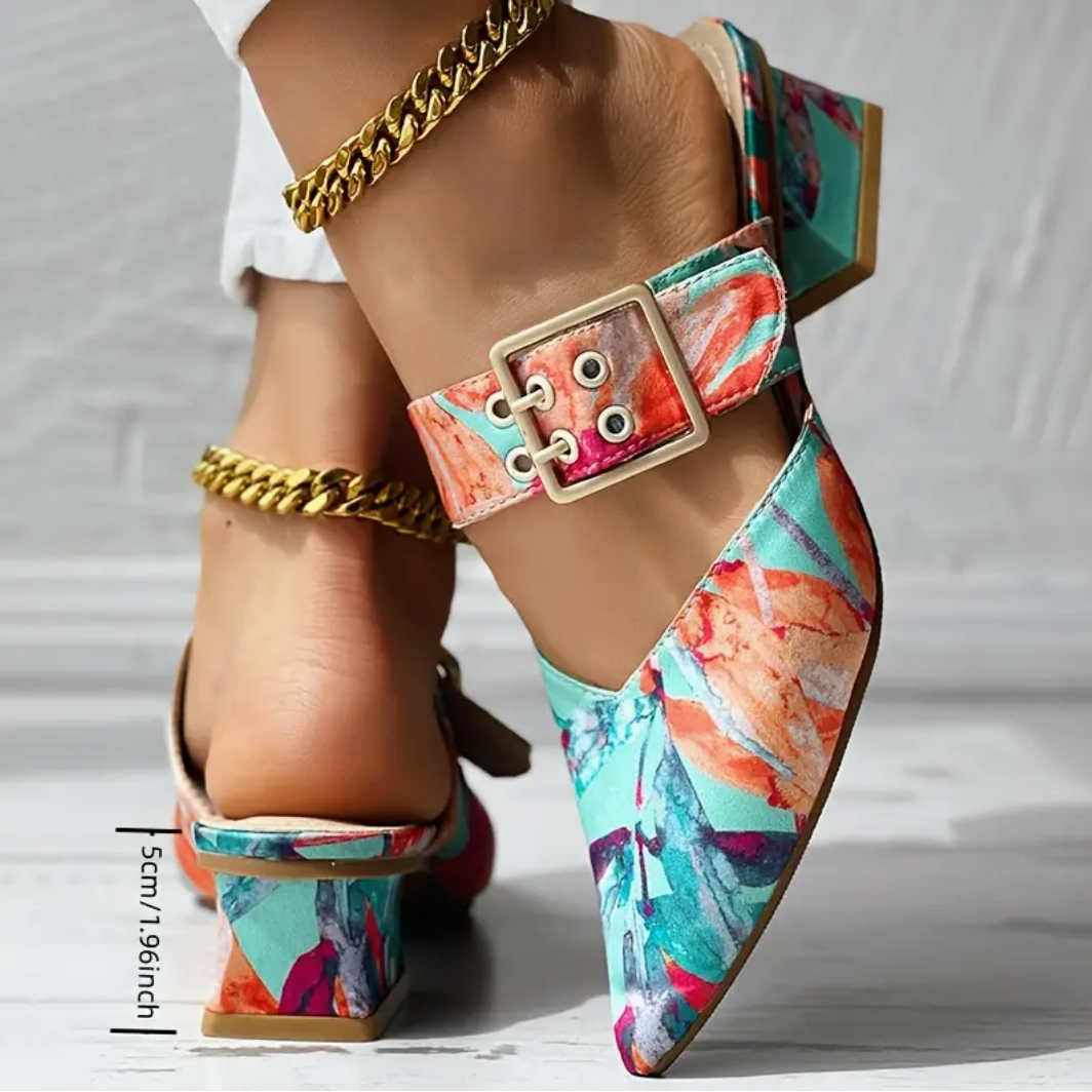 Comelyy Slip On Pointed Toe Mid Heel Sandals