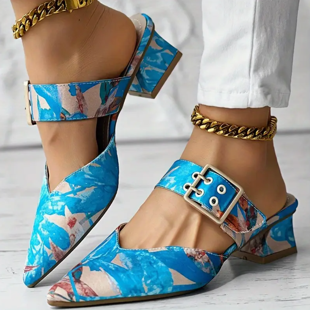 Comelyy Slip On Pointed Toe Mid Heel Sandals